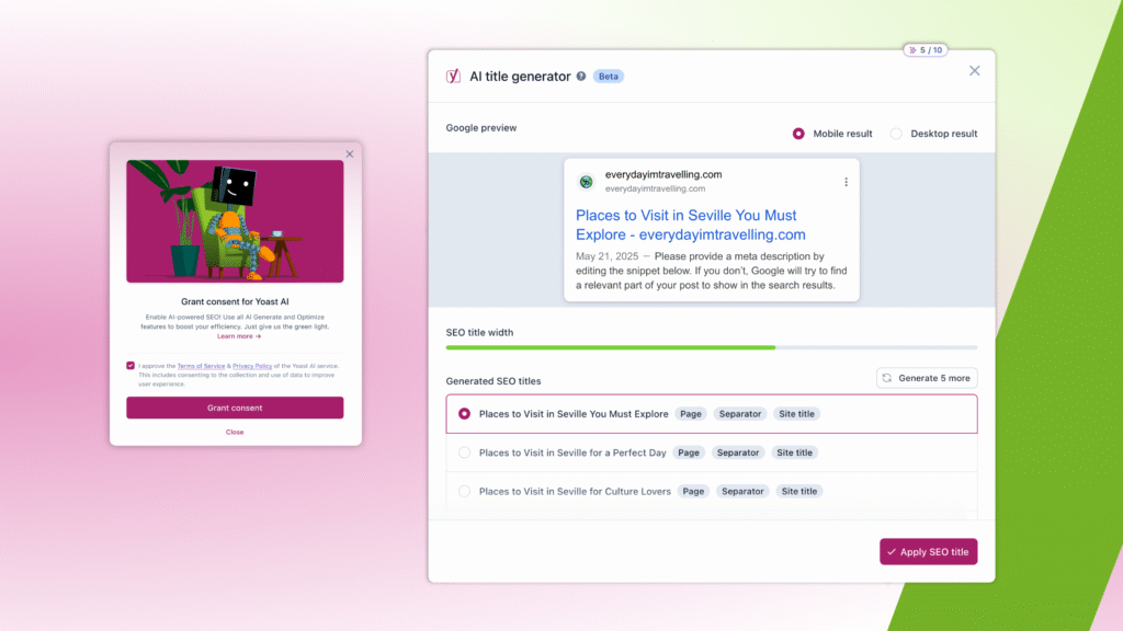 Try AI-operated SEO with 10 free sparks. • Yoast