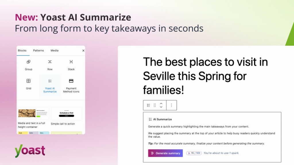 From long form to important snack bars in seconds. Meet Yoast Ai summarized • Yoast
