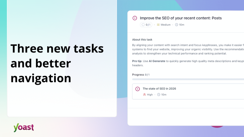 Three new tasks, better navigation and a bug fix in the Yoast SEO task list • Yoast